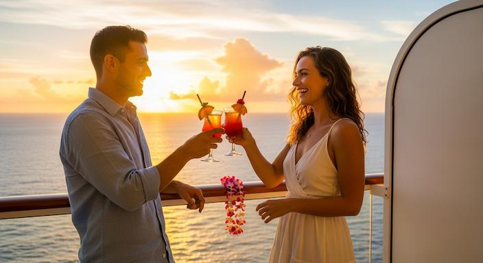 Lachendes Paar genießt einen Cocktail an Deck