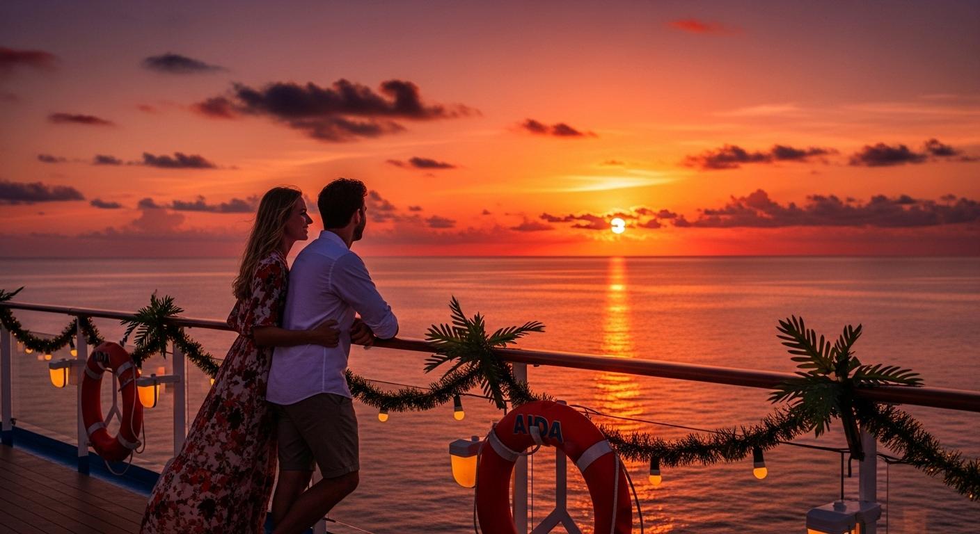 AIDA Kreuzfahrtschiff in einer sonnigen Bucht während der AIDA Winterpause Aktion für eine Winterflucht 2025/2026.